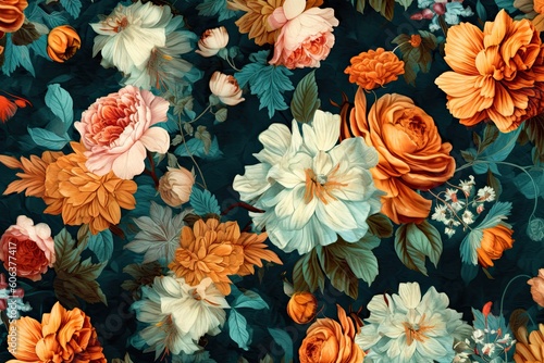 Background of floral fabric on a black backdrop in the style of neoclassicism, beautiful and elegant flowers. Generative AI