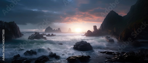 Panoramic seascape of sunset over the cliffs and sea