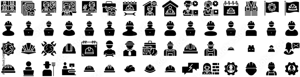 Set Of Worker Icons Isolated Silhouette Solid Icon With Industrial, Engineer, Occupation, Professional, Work, Worker, Helmet Infographic Simple Vector Illustration Logo Set Of Worker Icons Isolated Silhouette Solid Icon With Industrial, Engineer, Occupation, Professional, Work, Worker, Helmet Infographic Simple Vector Illustration Logo