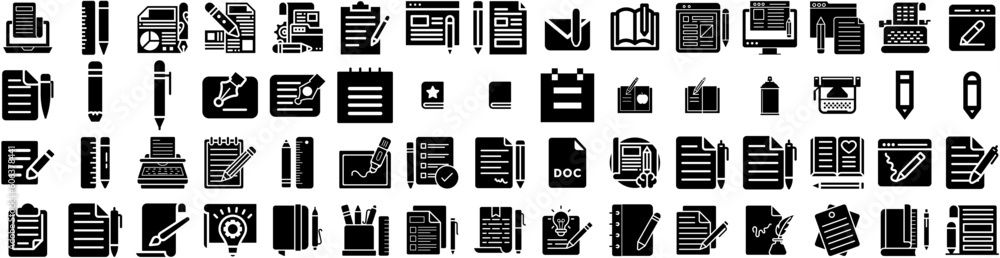 Set Of Writing Icons Isolated Silhouette Solid Icon With Paper, Education, Business, Writer, Pen, Write, Office Infographic Simple Vector Illustration Logo Set Of Writing Icons Isolated Silhouette Solid Icon With Paper, Education, Business, Writer, Pen, Write, Office Infographic Simple Vector Illustration Logo