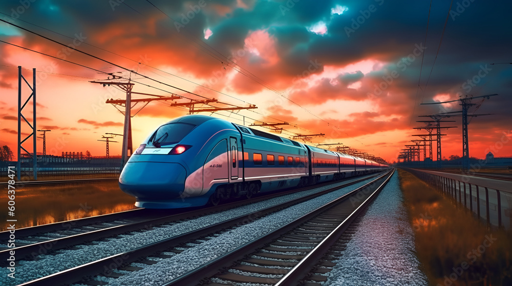 High-speed train at the station and a blurred city in the background, high resolution, high-quality image, travel, lighting, colorfulness, fast travel, be on time, technology Generative AI
