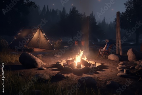 Rendering of Atmospheric Campfire Camping Setting Generative Ai Illustration