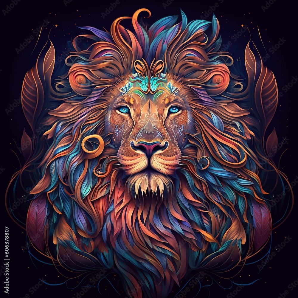 Lion, The Head Of A Lion In A Multi Colored Flame On Black Background.