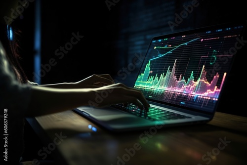 Analyst working with computer in Business. Management System to make report metrics connected to database. Corporate strategy for finance, operations, sales, marketing. finance data Generative AI