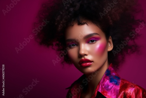 A model wearing makeup with a fuchsia-colored palette, against a plain background, with a sense of bold and playful beauty. Concept of experimentation and creativity. Generative AI