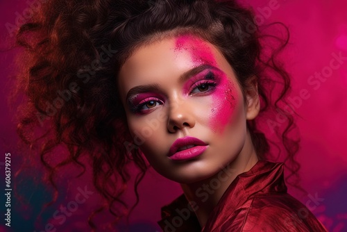 A model wearing makeup with a fuchsia-colored palette  against a plain background  with a sense of bold and playful beauty. Concept of experimentation and creativity. Generative AI