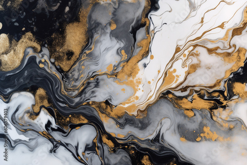 Abstract white  black and gold alcohol ink art background. Generative AI illustration