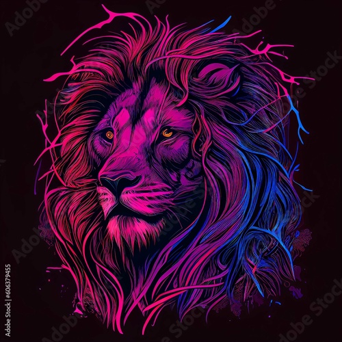 Lion  The Head Of A Lion In A Multi Colored Flame On Black Background.