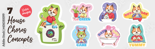 House chores stickers concept with character situations set. Cute dog working at home, washing clothes, cooking, bathing and other. Collection of people scenes. Vector illustrations in flat web design