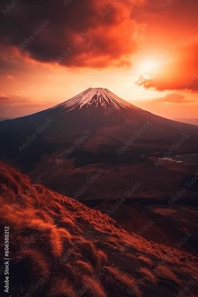 Naklejka premium illustration, fuji volcano, generative ai