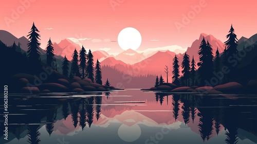 Illustration of stunning landscape minimalism vector art. Purple colors, sunset. View of the lake and mountains. Generative ai.
