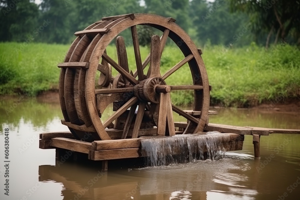 illustration, water turbine made of wood, generative ai. illustration, water turbine made of wood, generative ai.