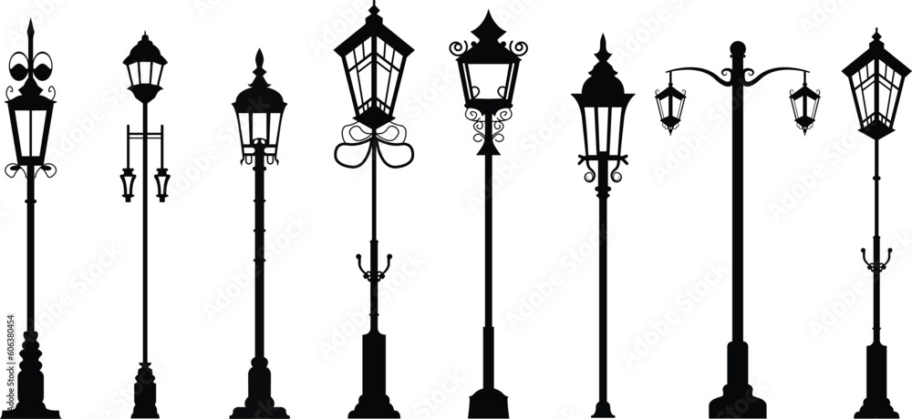 street lights, lamp Post Lamppost Street Pole Light, Set of street lights black silhouette isolated on white background, Collection of modern and vintage street lights on transparent background