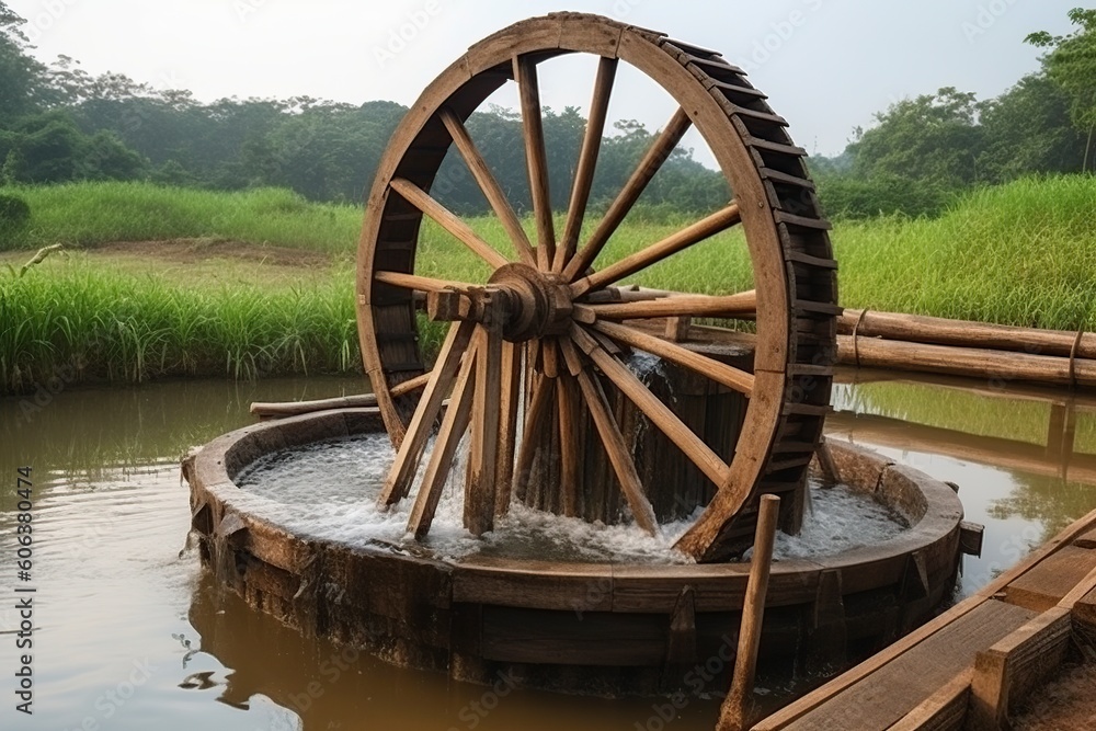 illustration, water turbine made of wood, generative ai. illustration, water turbine made of wood, generative ai.