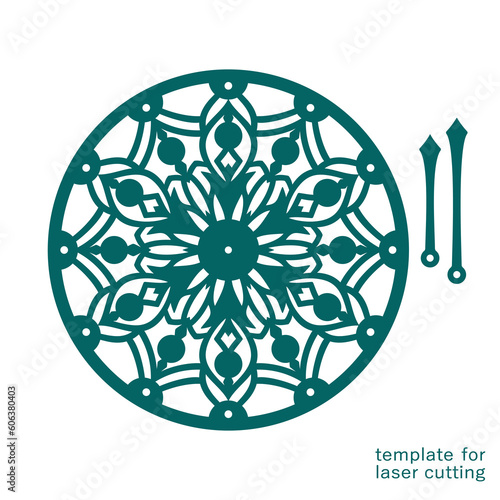 Round decorative clock. Openwork dial in the shape of snowflake, flower, mandala. Hour, minute hands. Vector template for plotter laser cutting of paper, fretwork, wood carving, metal engraving, cnc.