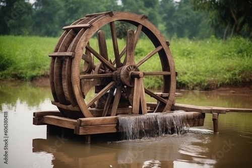 illustration, water turbine made of wood, generative ai.