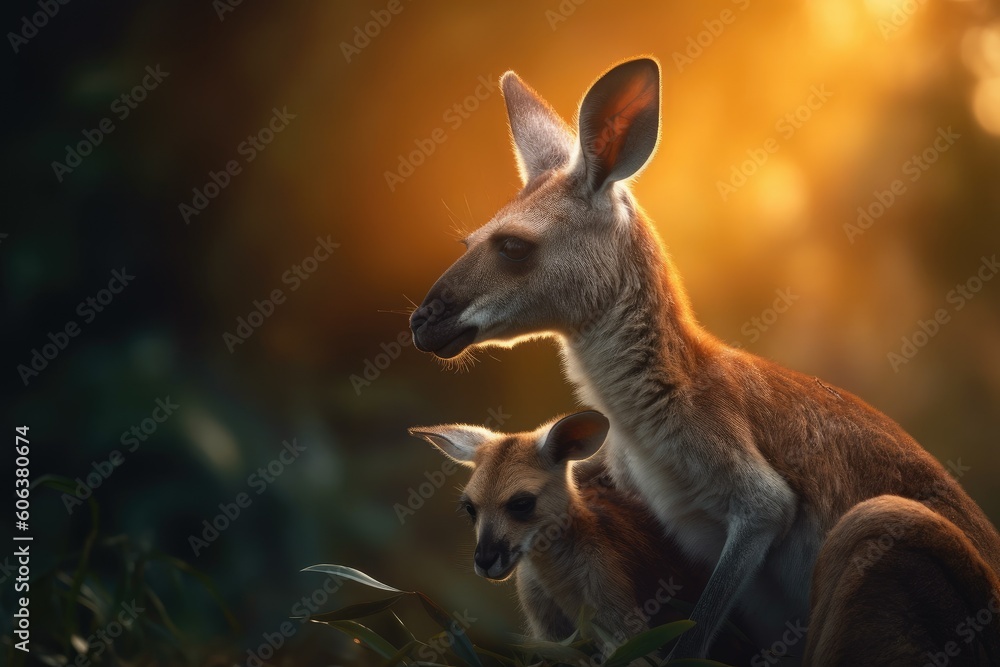 Fototapeta premium Tender Moments of a Kangaroo and Its Child in a Scenic Sunset Field