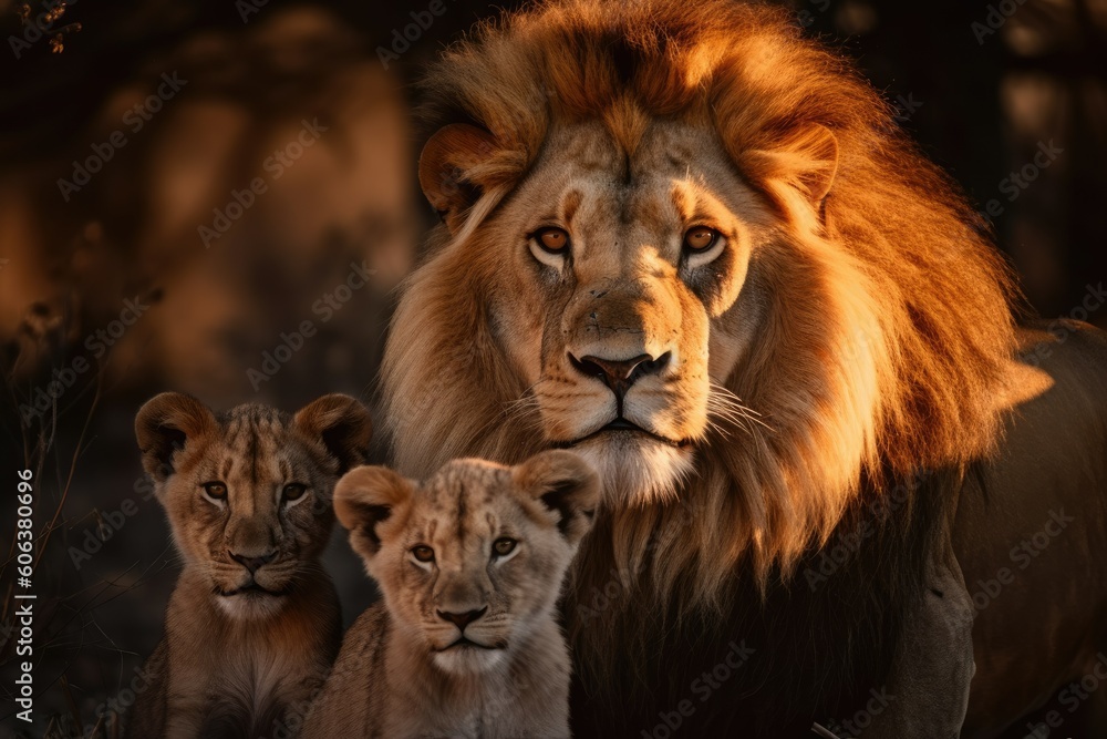 Reign of the Lion King in the Jungle with Its Lively Cubs