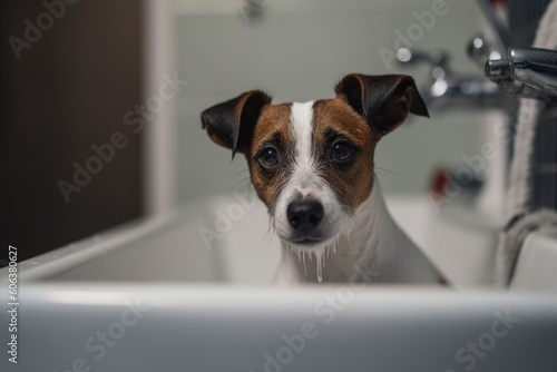 Jack Russell Terrier dog bathing in a sink © MaVeRa