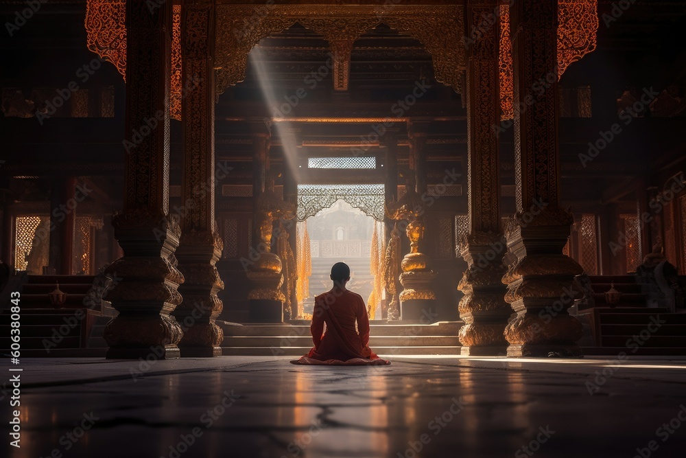 Witnessing the Enlightened State of a Guru Monk During Meditation in the Sacred Temple - obrazy, fototapety, plakaty 