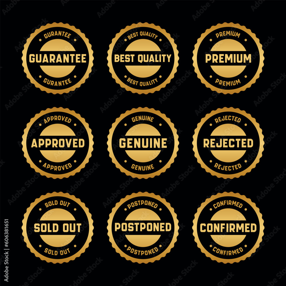 Gold Stamp design set - premium quality, guaranteed, approved, sold out, postponed, confirmed, genuine, original.	