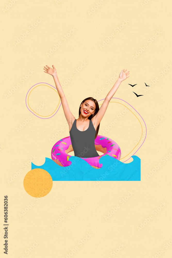 Φωτογραφία Vertical photo creative collage of young carefree girl raised hands up swimming