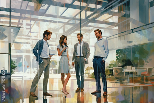 four business team members standing together in an office