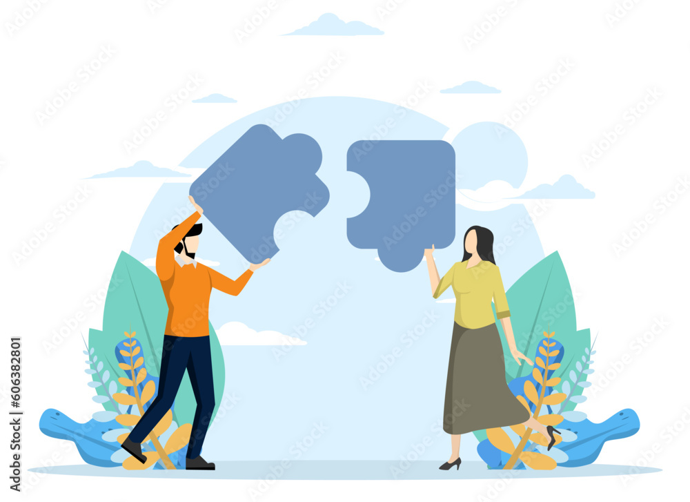 Partnership working together for success, teamwork or working together and overcoming challenges, friendship or connection to help solve problems, business partners and women connect jigsaw puzzles. Partnership working together for success, teamwork or working together and overcoming challenges, friendship or connection to help solve problems, business partners and women connect jigsaw puzzles.