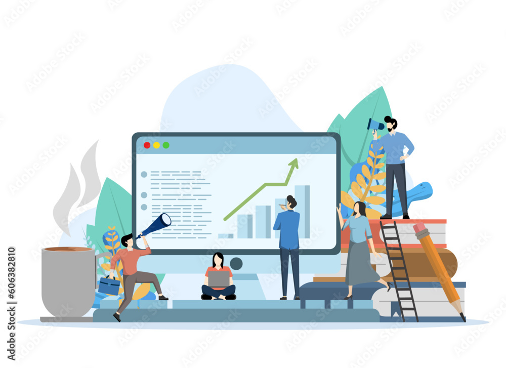 success concept, achieving goals, business vector illustration, employee studying infographics, analyzing evolutionary scale, online training vector. Modern vector flat illustration. success concept, achieving goals, business vector illustration, employee studying infographics, analyzing evolutionary scale, online training vector. Modern vector flat illustration.