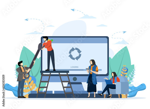 System Update Concept, Show people updating operating system, operating system update for optimization. Perfect for landing page, ui, web, app, editorial, flyers and banners, Flat Vector Illustration.