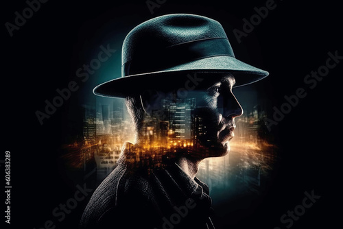 poster banner for thriller movie with a man detective in hat. Generative AI illustration