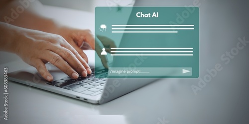Chat Bot Chat with AI or Artificial Intelligence technology. Human using a laptop computer chatting with an intelligent artificial intelligence asks for the answers he wants.. ChatGpt