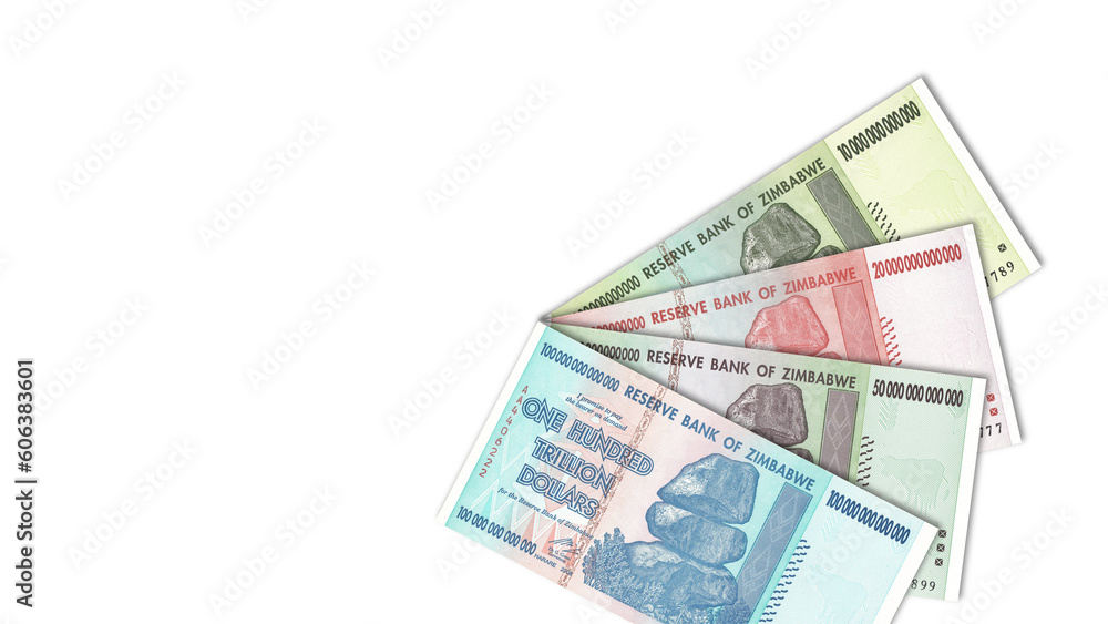 Sample financial illustration. Banknotes issued in 2008, denominations of 10, 20, 50 and 100 trillion Zimbabwe dollars. Bills folded in a fan. Sample financial illustration. Banknotes issued in 2008, denominations of 10, 20, 50 and 100 trillion Zimbabwe dollars. Bills folded in a fan.
