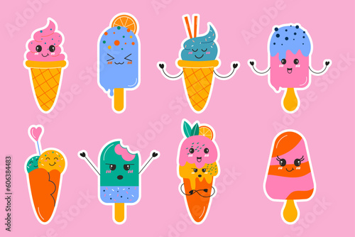 A set of hand-drawn stickers kawaii different  ice cream. Hand drawn flat design