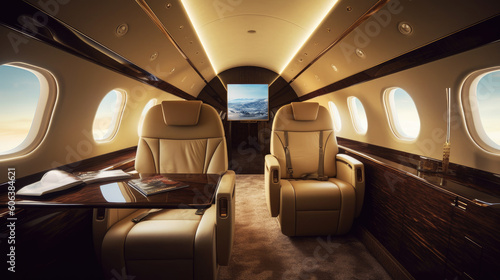 Luxury interior in the modern business jet. Generative AI. © piai