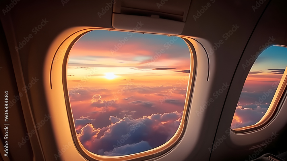 Beautiful sunset, sky on the top view, airplane flying view from inside window aircraft of Traveling Generative AI