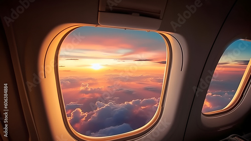 Beautiful sunset, sky on the top view, airplane flying view from inside window aircraft of Traveling Generative AI