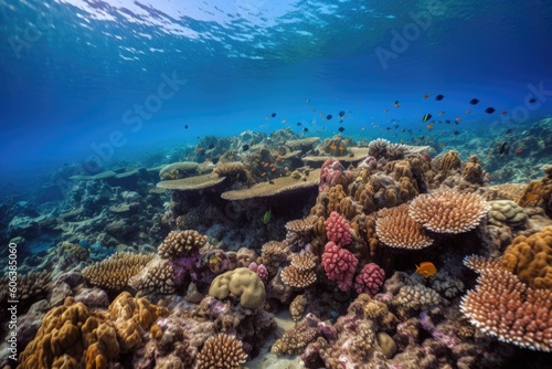 coral reef, surrounded by schools of colorful fish and other marine life, created with generative ai
