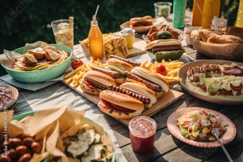 family picnic with hot dog, hamburgers, and other delicious treats, created with generative ai