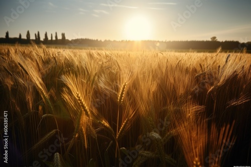 close-up of wheat field, with sunbeams shining down, created with generative ai