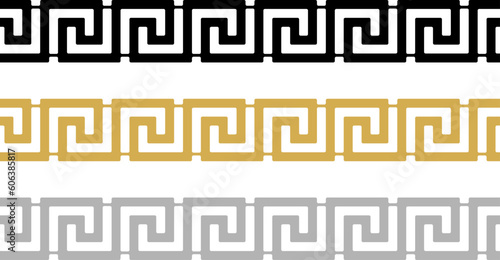Nahtloses Meander oder Maze muster Vektor in schwarz, Gold und Silber. Isolierter Hintergrund.