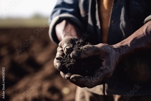 illustration, farmer hands with soil, ai generative.