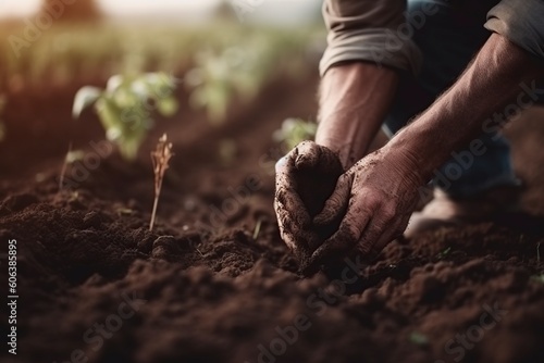 illustration, farmer hands with soil, ai generative.