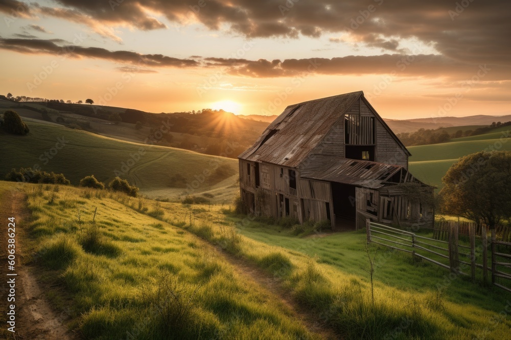 old barn surrounded by lush rolling hills, with the sun setting in the background, created with generative ai