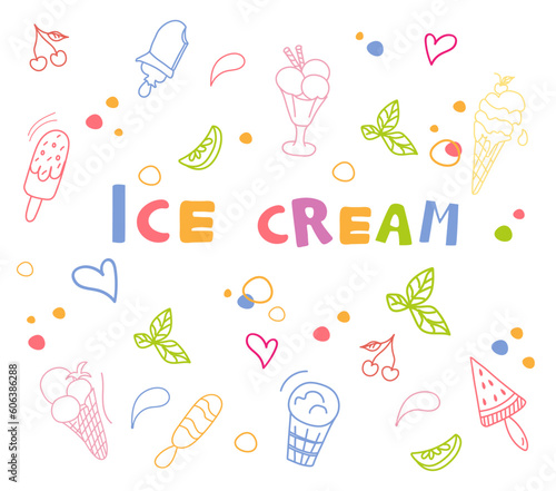 Cartoon colorful Ice cream doodle set. Hand drawn different types of ice creams. Line art. Summer concepts. Deserts. Vector illustration.


