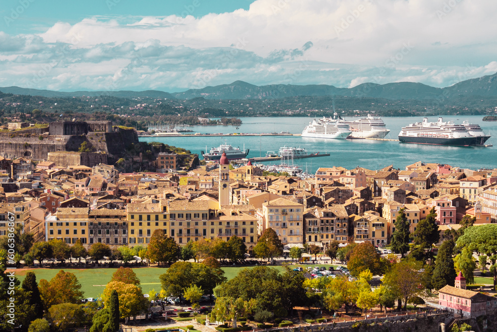 Panoramic view of the city on the island of Corfu in Greece. Port with ships, the sea and the streets of the old city in the light of the sun