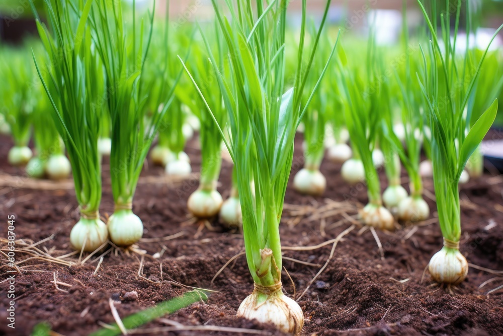 Obraz premium closeup of healthy and growing garlic plants, created with generative ai