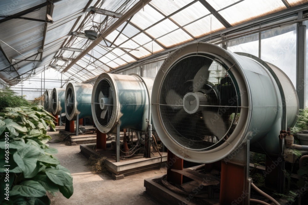 ventilation and exhaust system for garden greenhouse, with fans and filters removing unwanted odors, created with generative ai