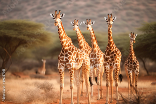 A group of giraffes stands in a field  banner .ai