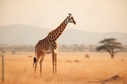 A giraffe stands in a field of dry grass against the backdrop of a mountain  banner.ai